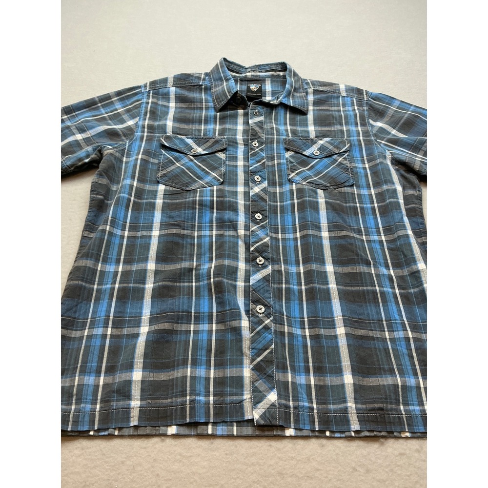 Kuhl Suncel Plaid Button‎ Down Shirt Blue Grey Large Short Sleeve Outdoor Mens